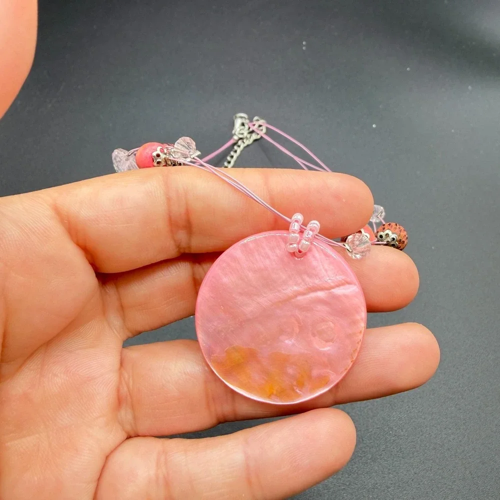 Pink Shell Disc Pendant Beaded Necklace Boho Statement Cottagecore Festival Gift
